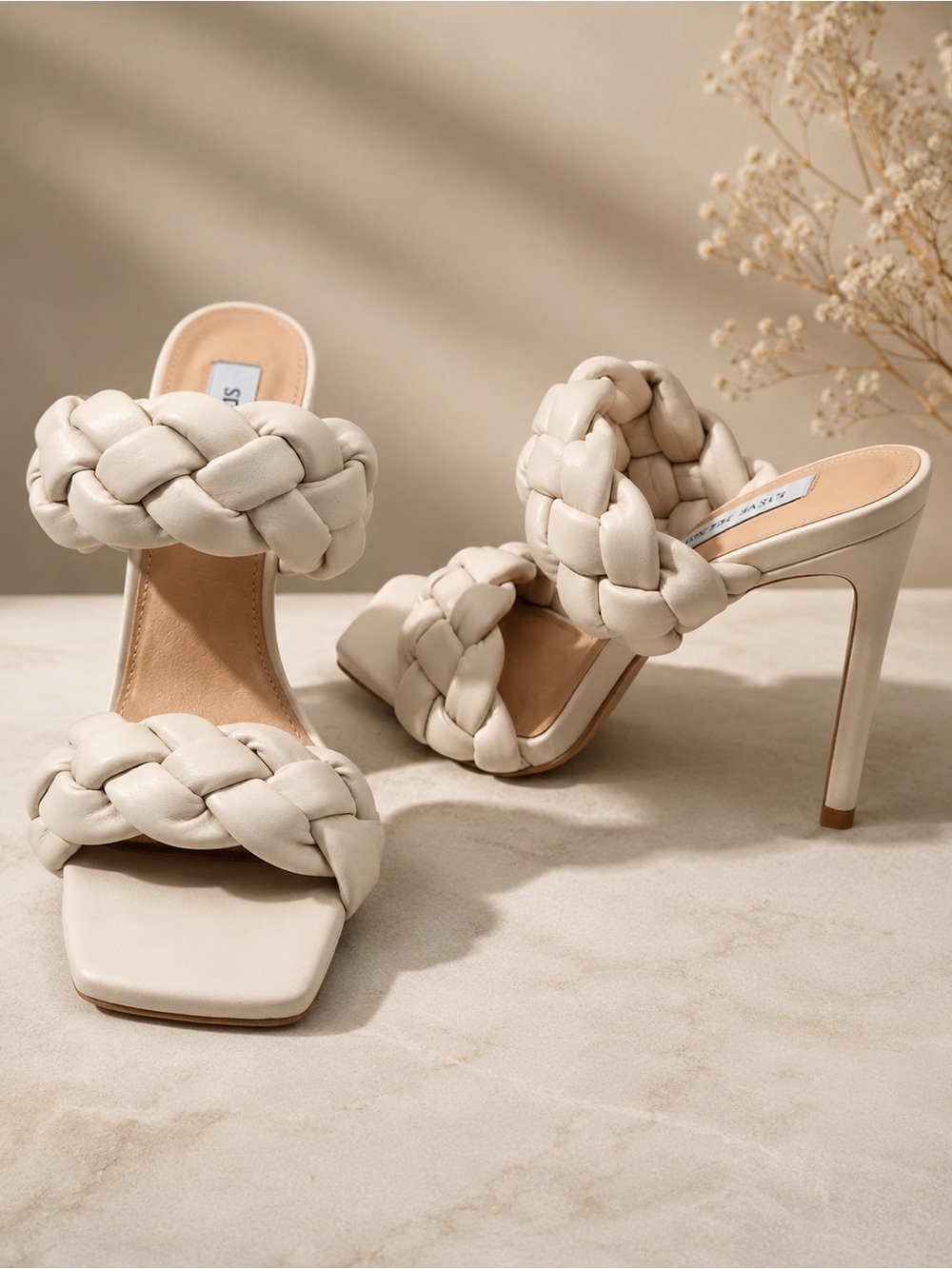 Steve Madden Kenley Off White Chunky Braided Strap Heel Sandals Size 7.5M